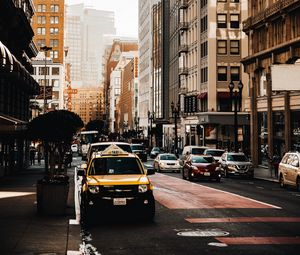 Preview wallpaper city, buildings, street, taxi