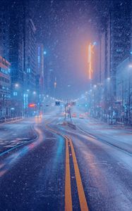 Preview wallpaper city, buildings, street, road, snow, winter