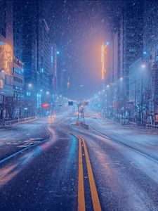 Preview wallpaper city, buildings, street, road, snow, winter