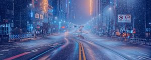 Preview wallpaper city, buildings, street, road, snow, winter