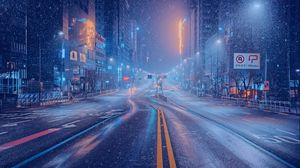 Preview wallpaper city, buildings, street, road, snow, winter