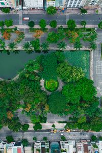 Preview wallpaper city, buildings, street, park, trees, aerial view