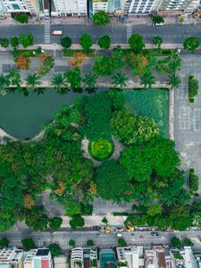 Preview wallpaper city, buildings, street, park, trees, aerial view