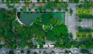 Preview wallpaper city, buildings, street, park, trees, aerial view