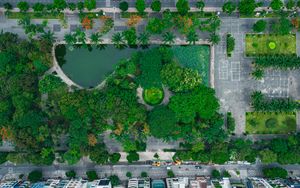 Preview wallpaper city, buildings, street, park, trees, aerial view