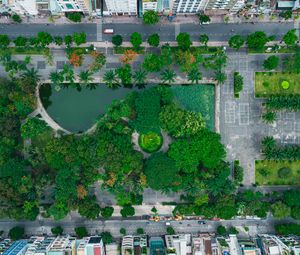 Preview wallpaper city, buildings, street, park, trees, aerial view