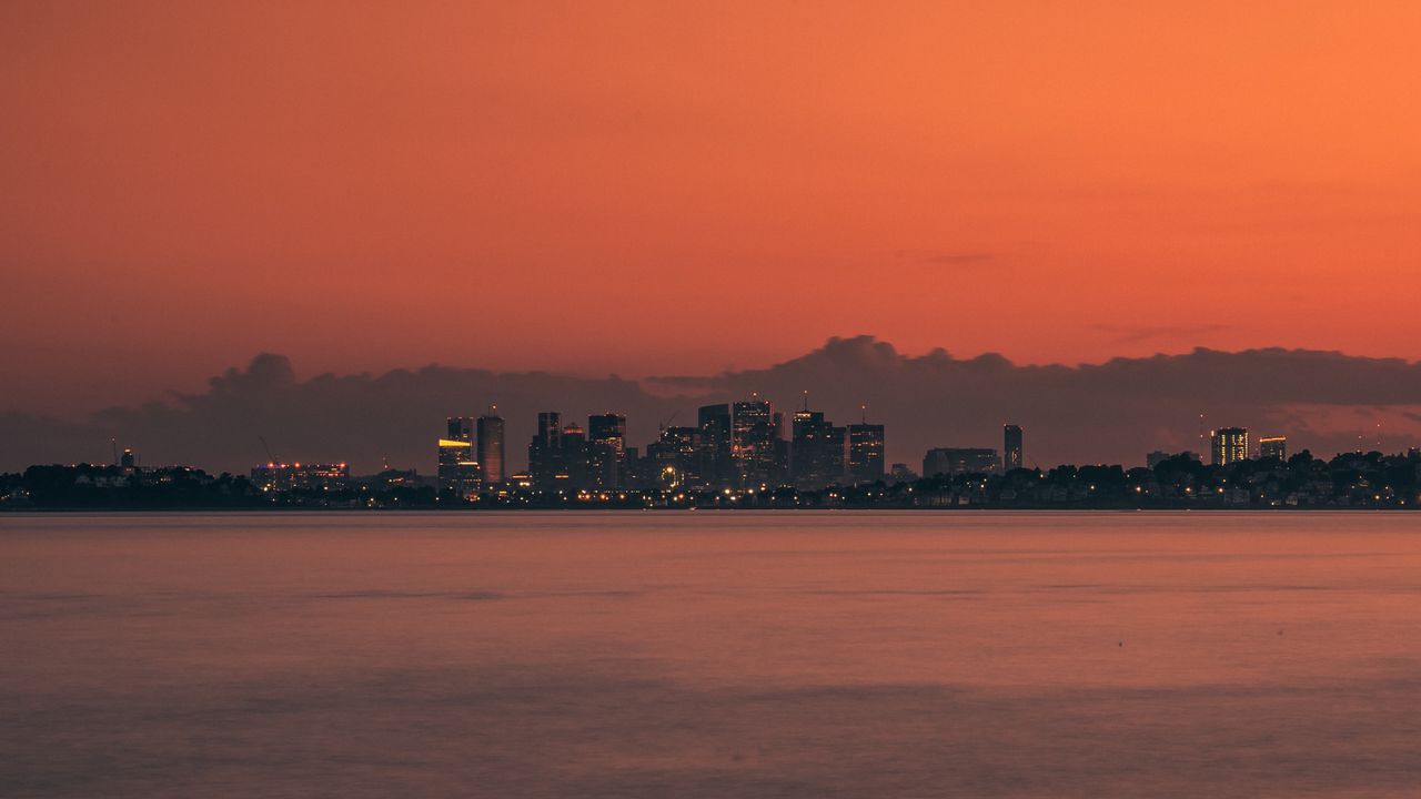Wallpaper city, buildings, sunset, sea, horizon