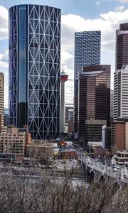 Preview wallpaper city, buildings, tower, bridge, road, river