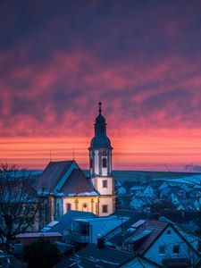 Preview wallpaper city, buildings, tower, backlight, twilight