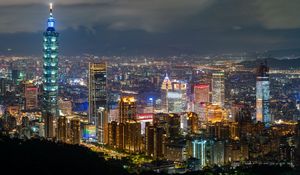 Preview wallpaper city, buildings, tower, lights, aerial view