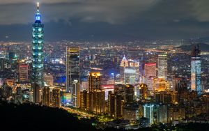 Preview wallpaper city, buildings, tower, lights, aerial view