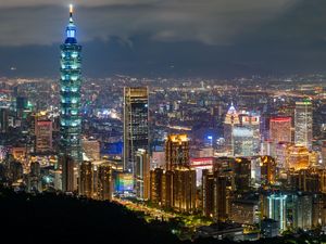 Preview wallpaper city, buildings, tower, lights, aerial view