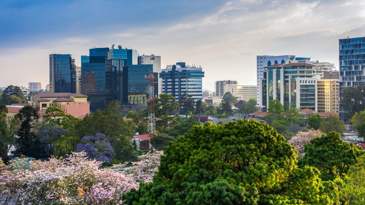 Wallpaper city, buildings, tower, trees, aerial view