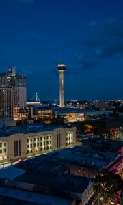 Preview wallpaper city, buildings, tower, lights, twilight, aerial view