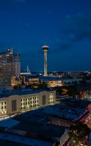 Preview wallpaper city, buildings, tower, lights, twilight, aerial view