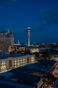 Preview wallpaper city, buildings, tower, lights, twilight, aerial view