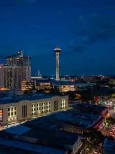 Preview wallpaper city, buildings, tower, lights, twilight, aerial view