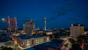 Preview wallpaper city, buildings, tower, lights, twilight, aerial view