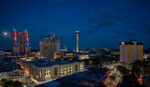 Preview wallpaper city, buildings, tower, lights, twilight, aerial view