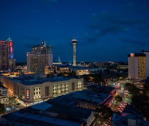 Preview wallpaper city, buildings, tower, lights, twilight, aerial view