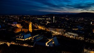 Preview wallpaper city, buildings, tower, twilight, aerial view, dark