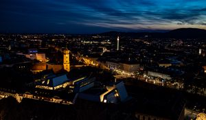 Preview wallpaper city, buildings, tower, twilight, aerial view, dark