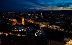 Preview wallpaper city, buildings, tower, twilight, aerial view, dark