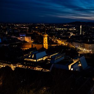 Preview wallpaper city, buildings, tower, twilight, aerial view, dark
