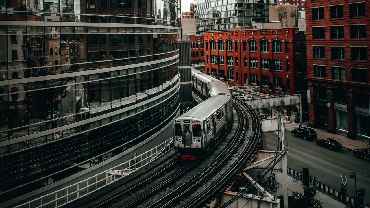 Wallpaper city, buildings, train, rails