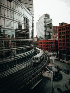 Preview wallpaper city, buildings, train, rails