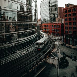 Preview wallpaper city, buildings, train, rails