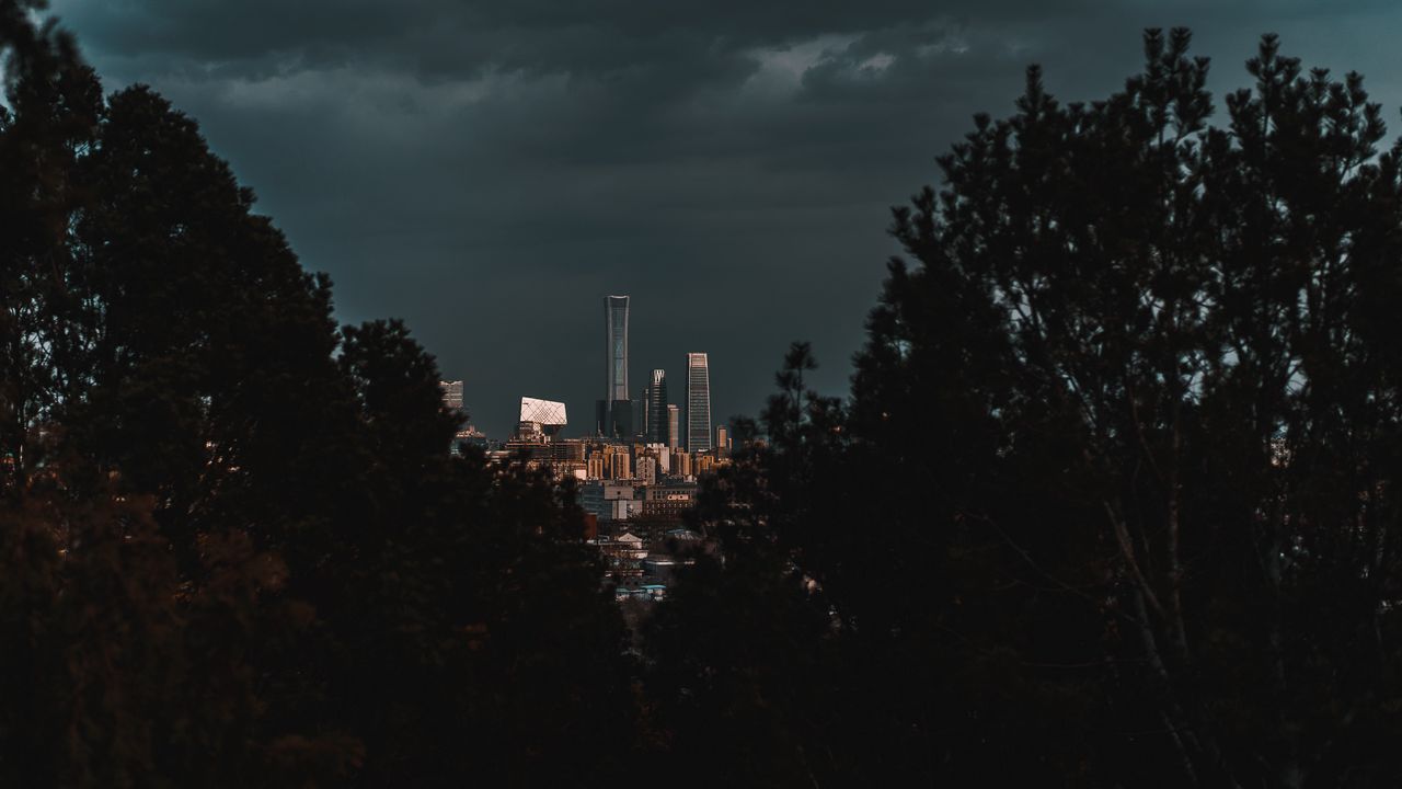 Wallpaper city, buildings, trees, clouds, dark