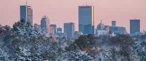 Preview wallpaper city, buildings, trees, snow, view