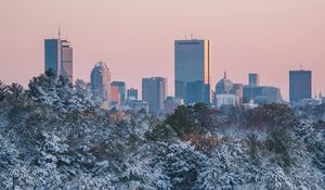 Preview wallpaper city, buildings, trees, snow, view