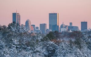 Preview wallpaper city, buildings, trees, snow, view
