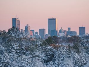 Preview wallpaper city, buildings, trees, snow, view