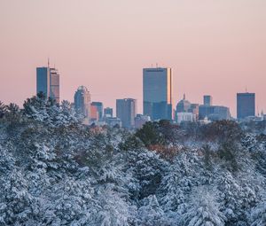 Preview wallpaper city, buildings, trees, snow, view