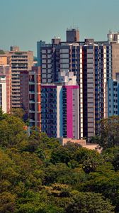 Preview wallpaper city, buildings, trees, aerial view, colorful
