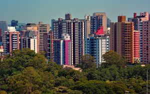 Preview wallpaper city, buildings, trees, aerial view, colorful
