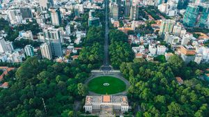 Preview wallpaper city, buildings, trees, aerial view, cityscape