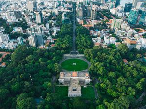 Preview wallpaper city, buildings, trees, aerial view, cityscape