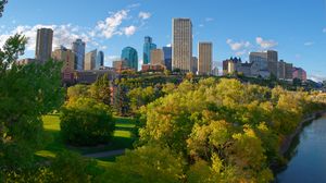 Preview wallpaper city, buildings, trees, autumn, aerial view