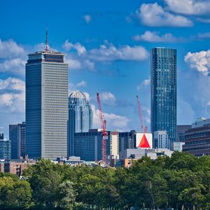 Preview wallpaper city, buildings, trees, river, aerial view