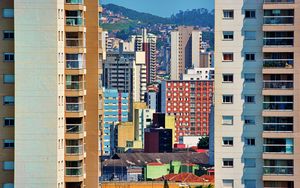 Preview wallpaper city, buildings, trees, colorful, aerial view