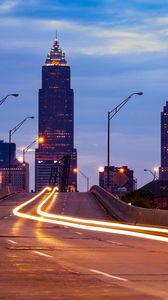 Preview wallpaper city, buildings, twlight, road, long exposure