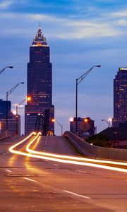 Preview wallpaper city, buildings, twlight, road, long exposure