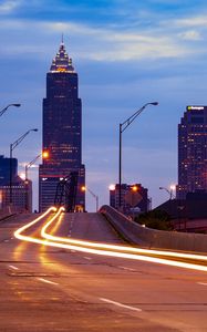 Preview wallpaper city, buildings, twlight, road, long exposure