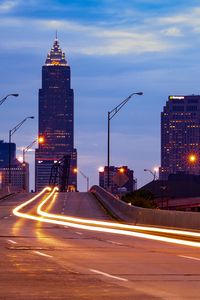 Preview wallpaper city, buildings, twlight, road, long exposure