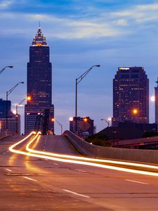 Preview wallpaper city, buildings, twlight, road, long exposure