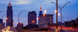 Preview wallpaper city, buildings, twlight, road, long exposure